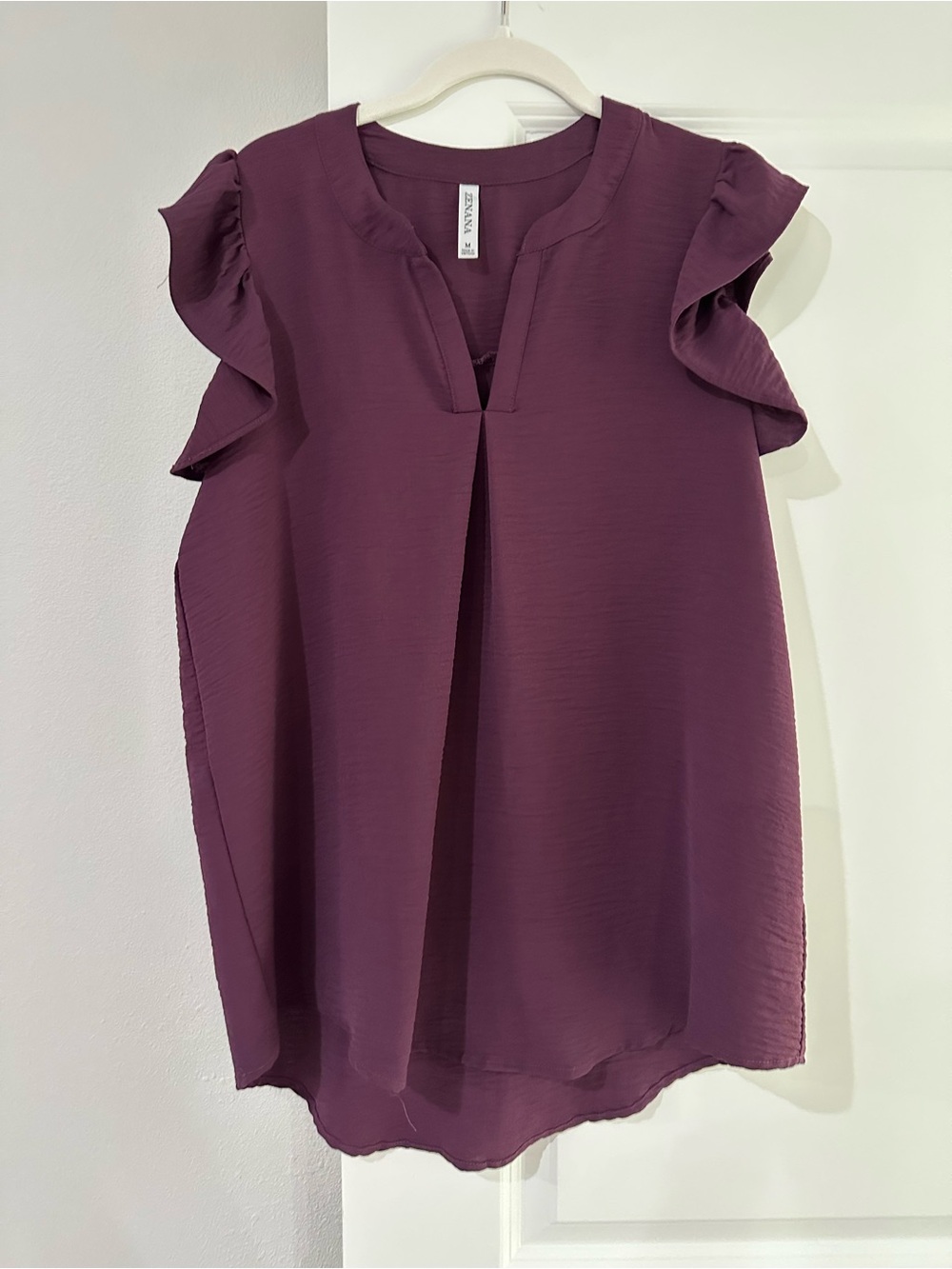 Zenana Outfitters Ruffled Sleeve V-Neck Blouse - Plum
